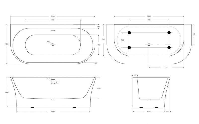 Акриловая ванна пристенная белая 170x75см Belbagno BB711-1700-750