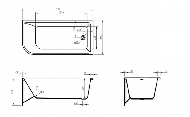Акриловая ванна угловая белая 150x73см правая Belbagno BB712-1500-730-R