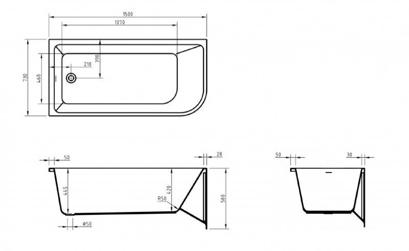 Акриловая ванна угловая белая 150x73см левая Belbagno BB712-1500-730-L