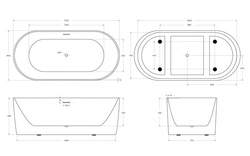 Акриловая ванна отдельностоящая белая 170x80см Belbagno BB411-1700-800