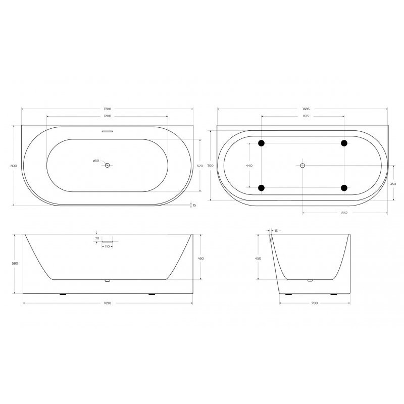 Акриловая ванна пристенная белая 170х80см Belbagno BB412-1700-800