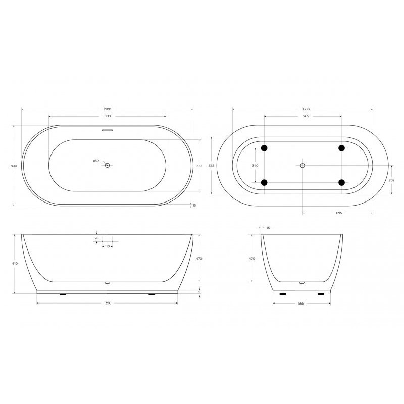 Акриловая ванна отдельностоящая белая 170x80см Belbagno BB413-1700-800