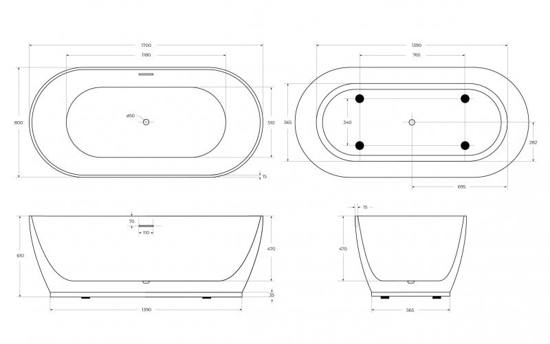 Акриловая ванна отдельностоящая белая 170x80см Belbagno BB413-1700-800