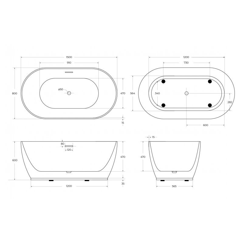 Акриловая ванна отдельностоящая белая 150x80см Belbagno BB413-1500-800