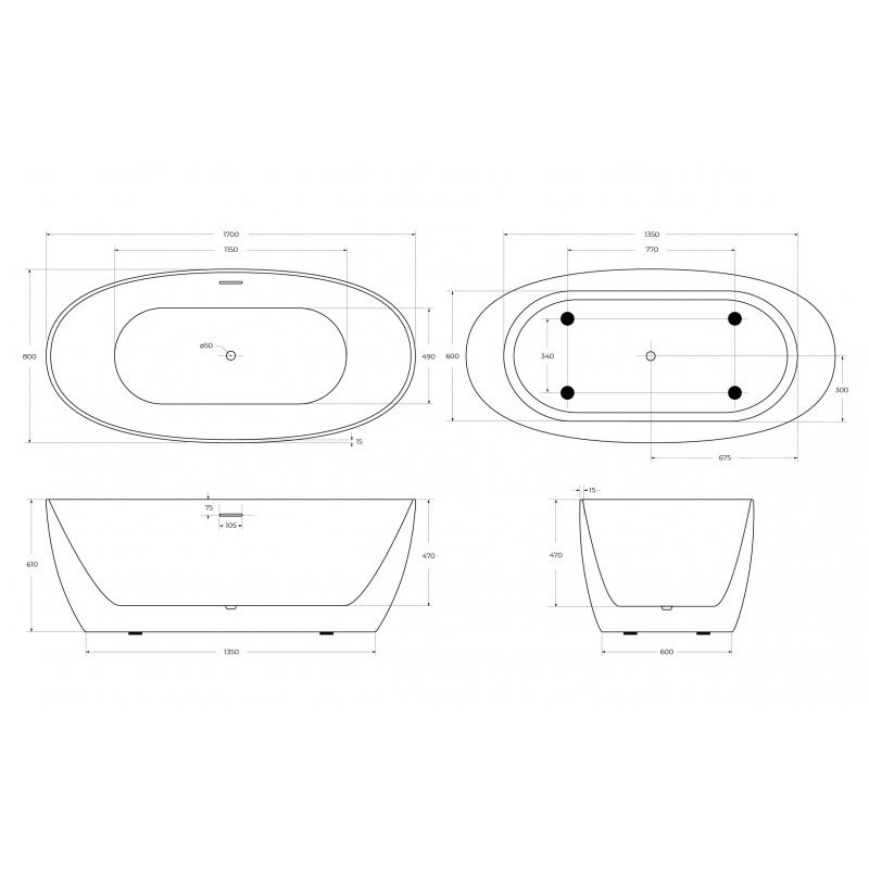 Акриловая ванна отдельностоящая белая 170x80см Belbagno BB414-1700-800