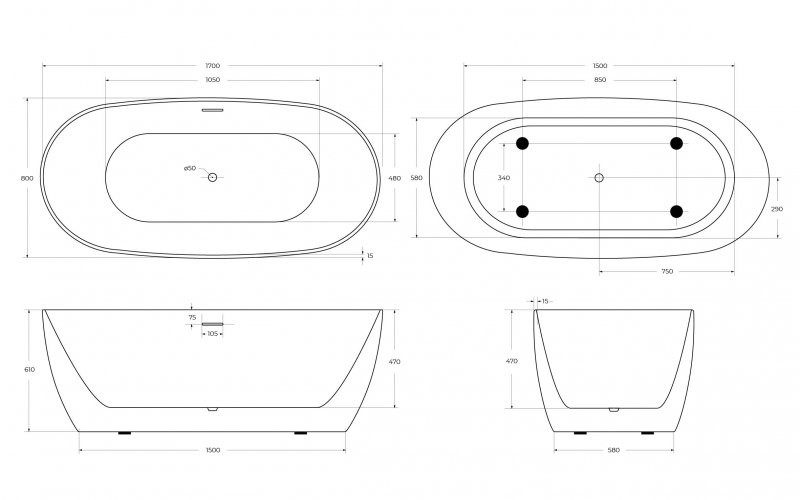 Акриловая ванна отдельностоящая белая 170x80см Belbagno BB415-1700-800