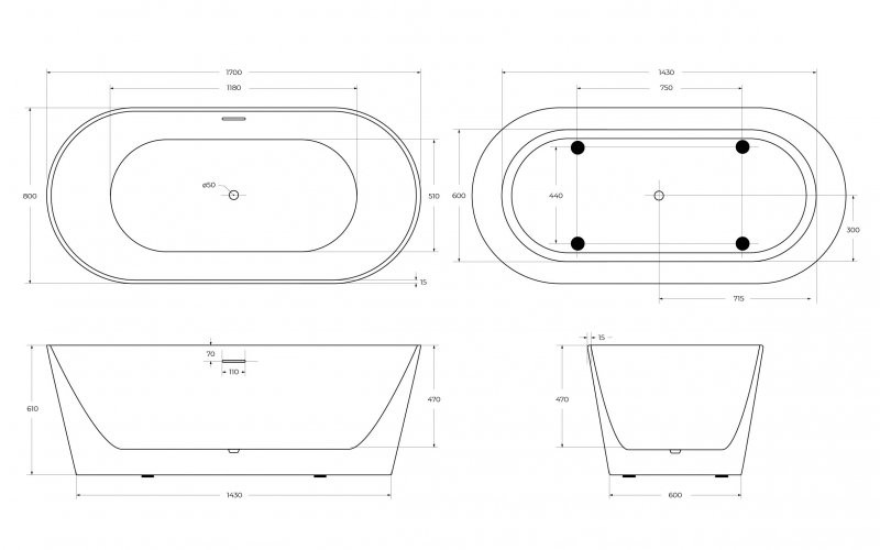 Акриловая ванна отдельностоящая белая 170x80см Belbagno BB416-1700-800
