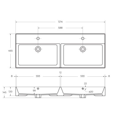 Раковина двойная керамика встраиваемая белая 120x46см Cezares CZR-MIL-120-2-LVB