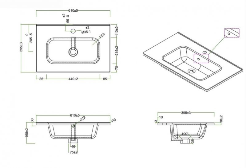 Раковина керамическая встраиваемая белая 61x39см Belbagno BB600/390ETL