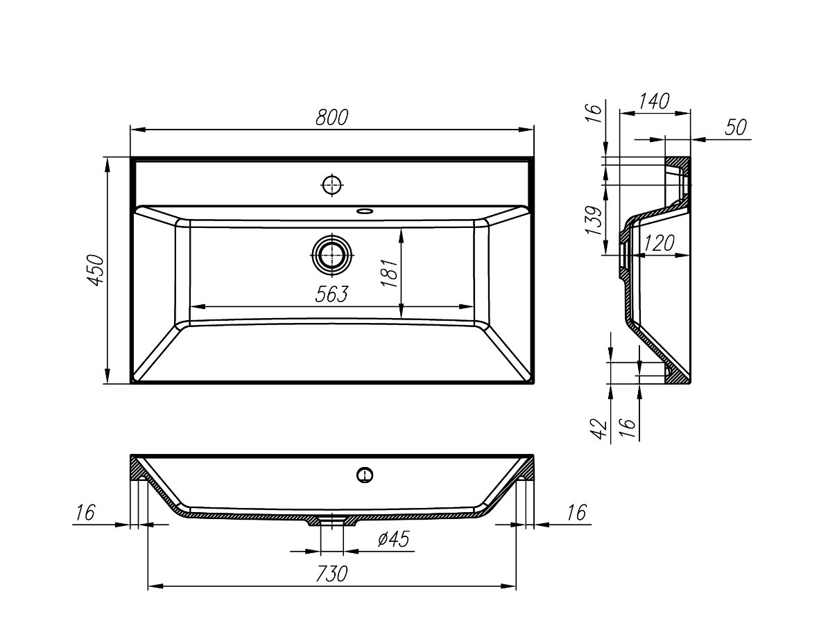 Раковина из литьевого мрамора встраиваемая белая 80x45см Belbagno BB800/450-LV-MR-AST
