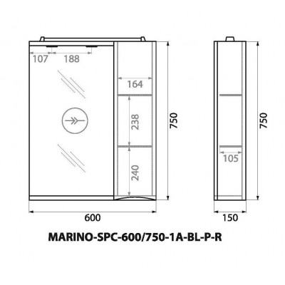 Зеркальный шкаф подвесной 60х75см Belbagno MARINO-SPC-600/750-1A-BL-P-R
