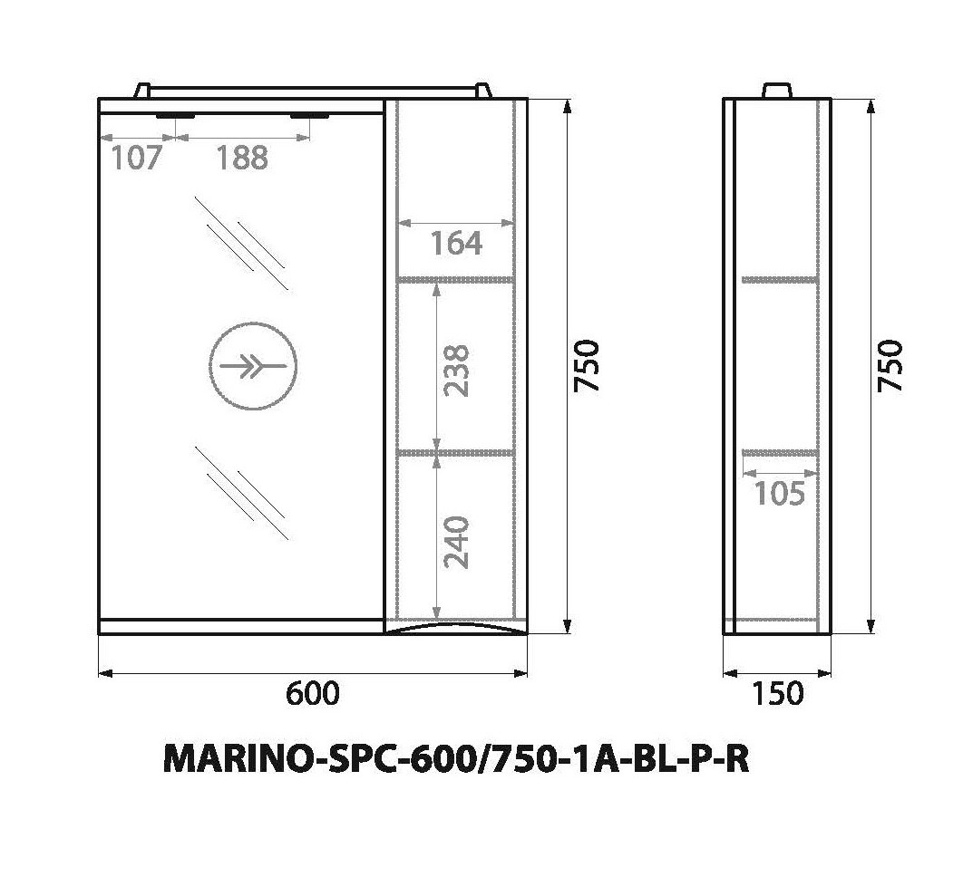 Зеркальный шкаф подвесной 60х75см Belbagno MARINO-SPC-600/750-1A-BL-P-R