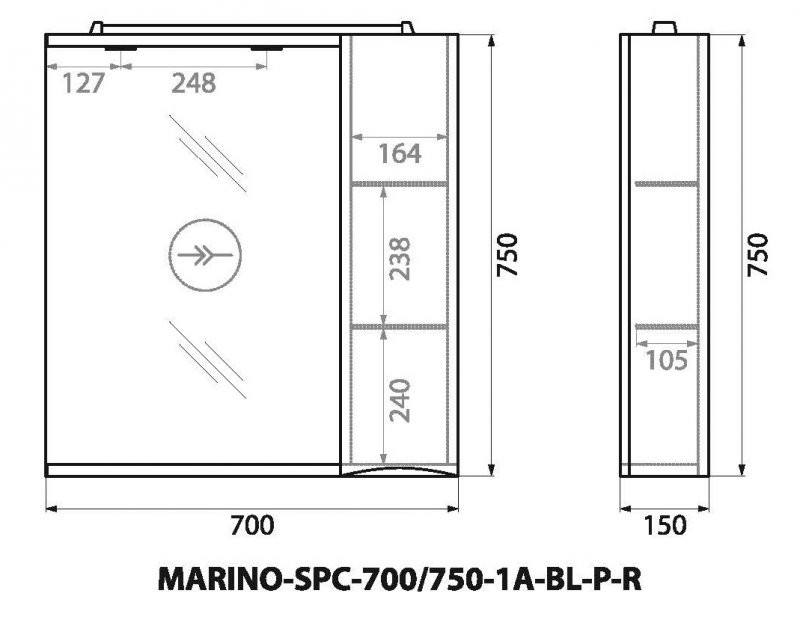 Зеркальный шкаф подвесной 70х75см Belbagno MARINO-SPC-700/750-1A-BL-P-R