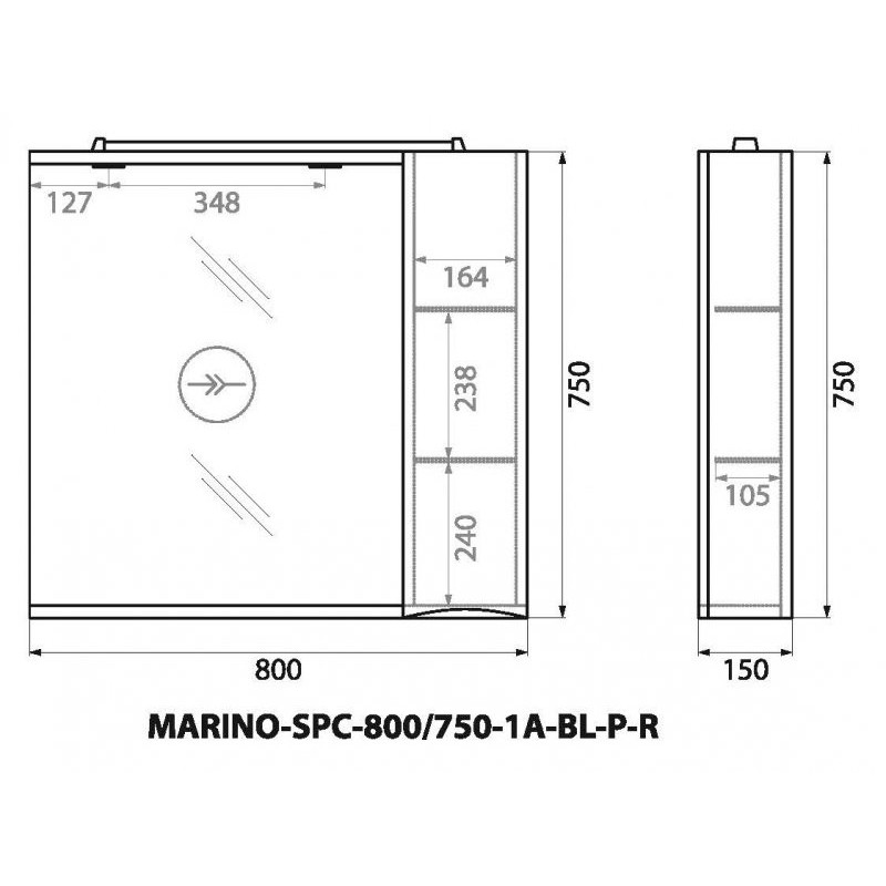 Зеркальный шкаф подвесной 90х75см Belbagno MARINO-SPC-900/750-1A-BL-P-R
