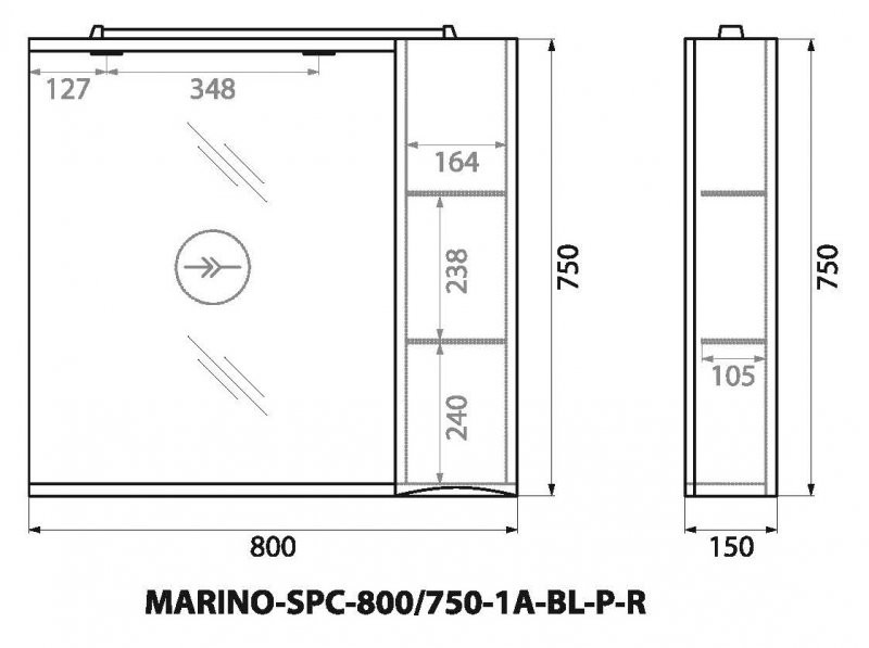 Зеркальный шкаф подвесной 90х75см Belbagno MARINO-SPC-900/750-1A-BL-P-R
