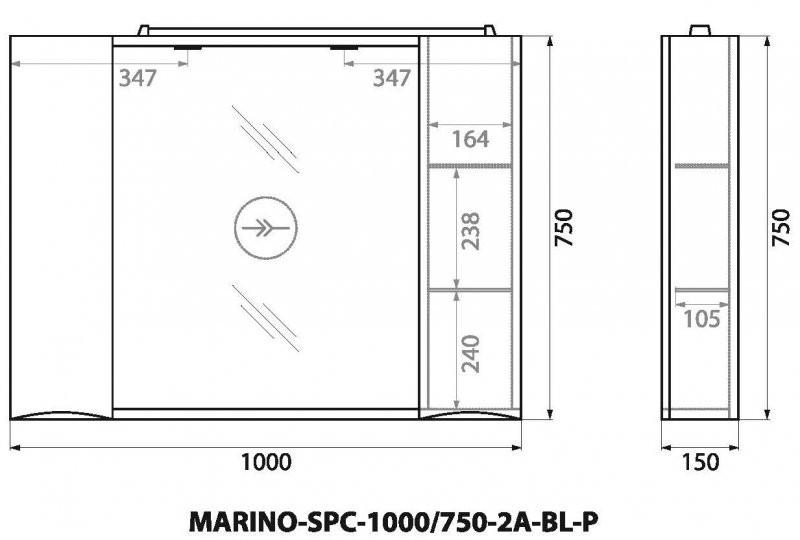 Зеркальный шкаф подвесной 100х75см Belbagno MARINO-SPC-1000/750-2A-BL-P