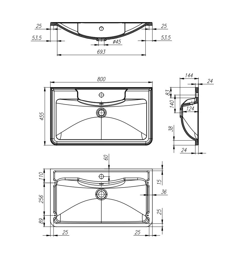Раковина из литьевого мрамора встраиваемая белая 80x45см Belbagno BB800/455-LV-MR-ALR
