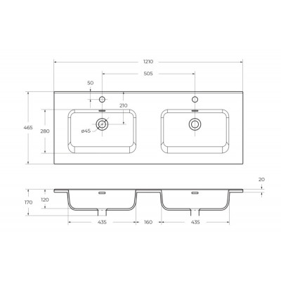 Раковина двойная керамическая встраиваемая белая 121x46см Belbagno BB1200-2-ETL