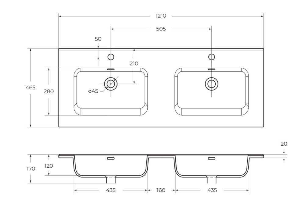 Раковина двойная керамическая встраиваемая белая 121x46см Belbagno BB1200-2-ETL