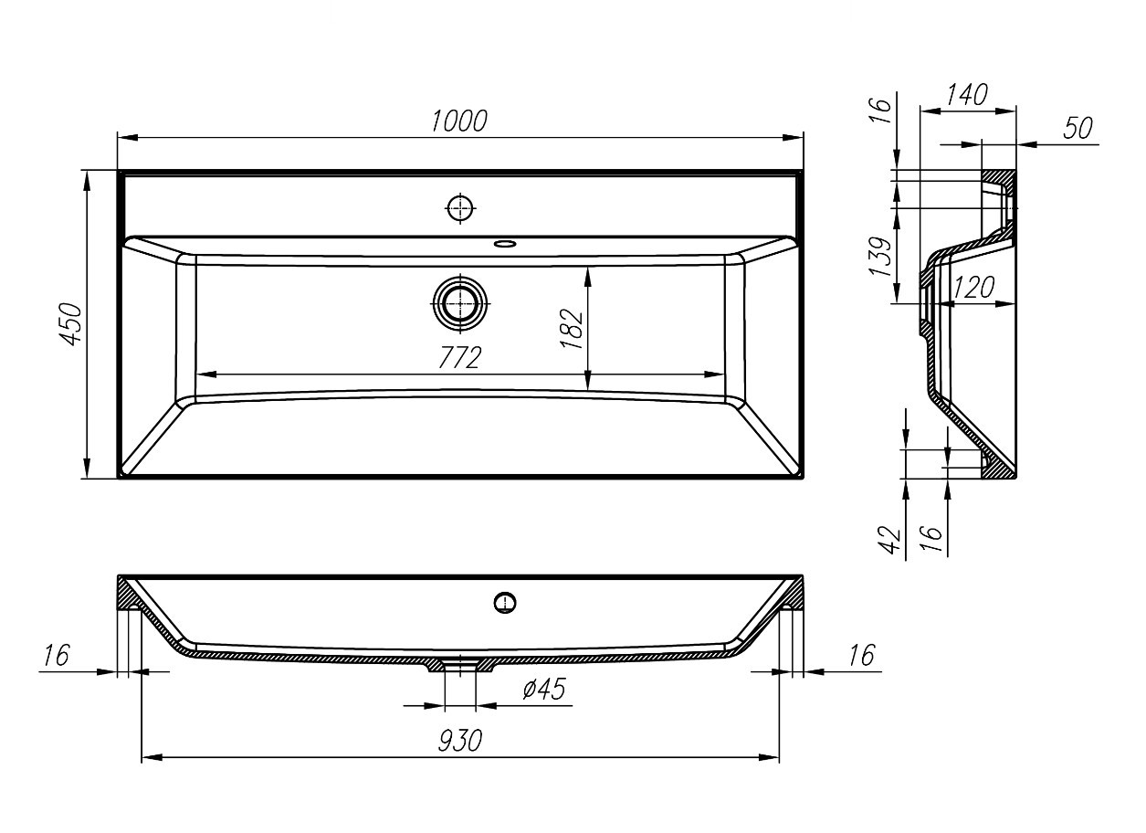 Раковина из искусственного мрамора встраиваемая черная 100x45см Belbagno BB1000/450-LV-ART-AST-NERO