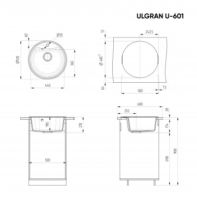 Кухонная мойка 51см белая ULGRAN Classic U-601-331