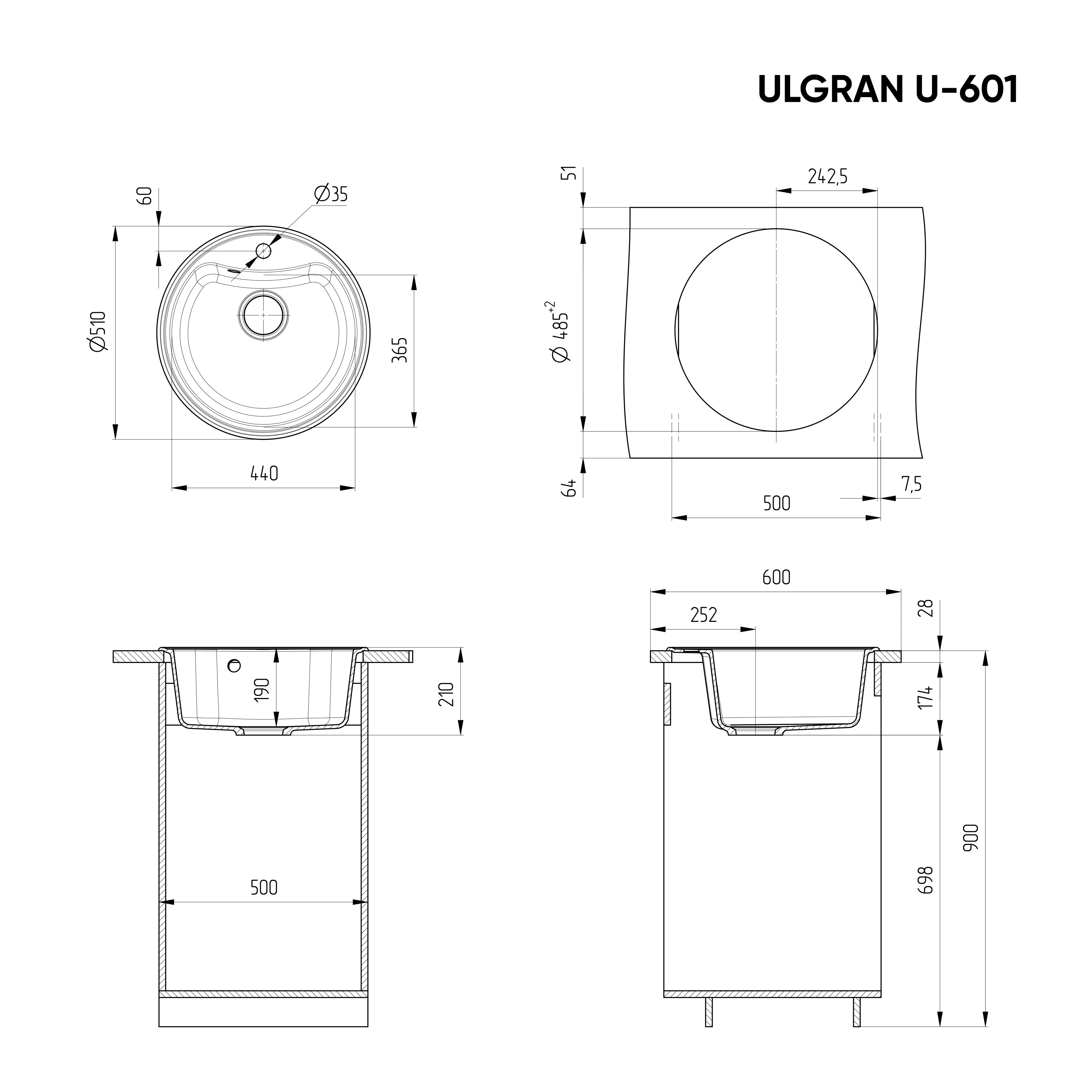 Кухонная мойка 51см ультра белая ULGRAN Classic U-601-341