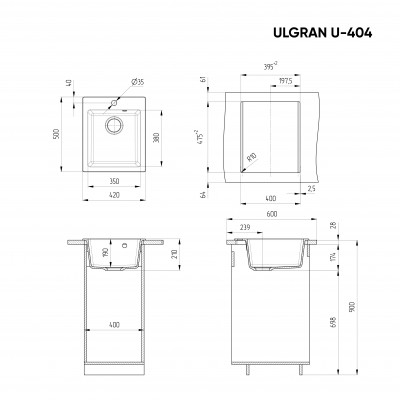Кухонная мойка 42х50см ультра черная ULGRAN Classic U-404-344