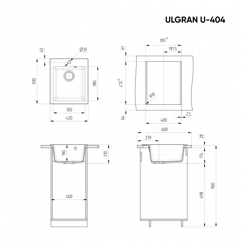 Кухонная мойка 42х50см ультра белая ULGRAN Classic U-404-341