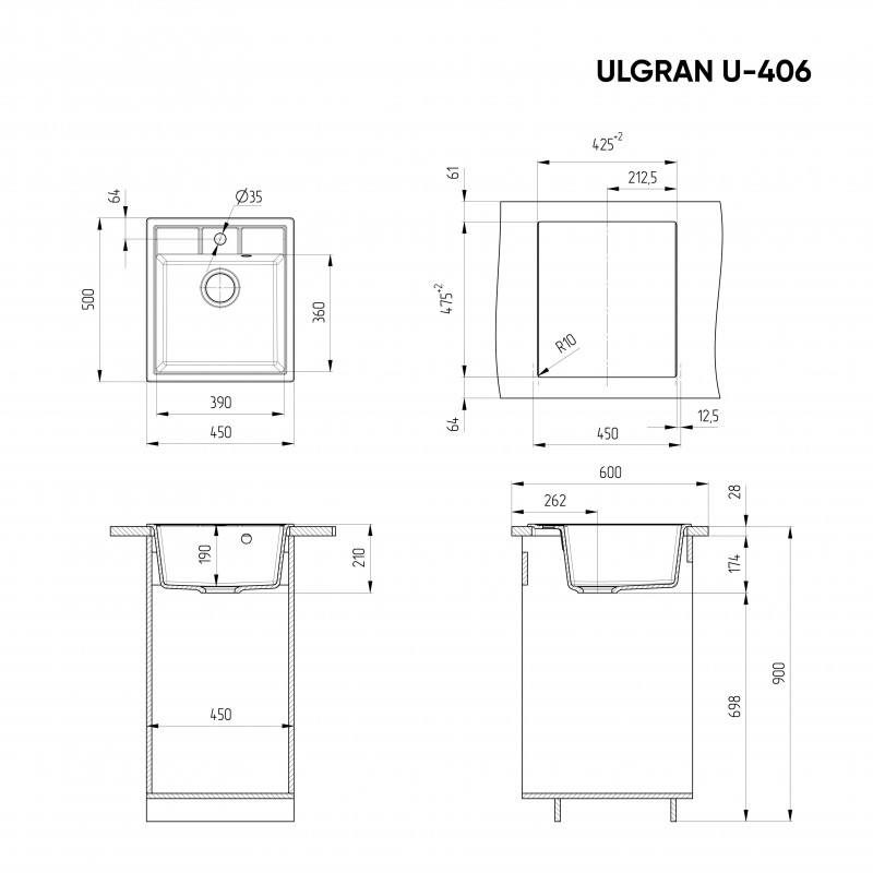 Кухонная мойка 45х50см черная ULGRAN Classic U-406-308
