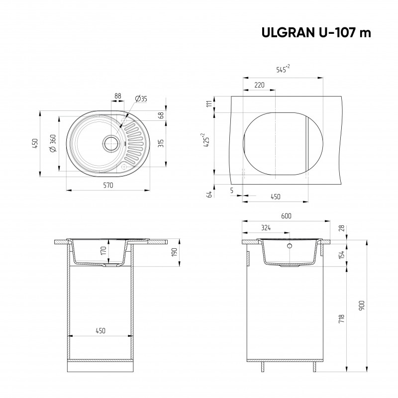 Кухонная мойка с крылом 57х45см песочная ULGRAN Classic U-107m-302