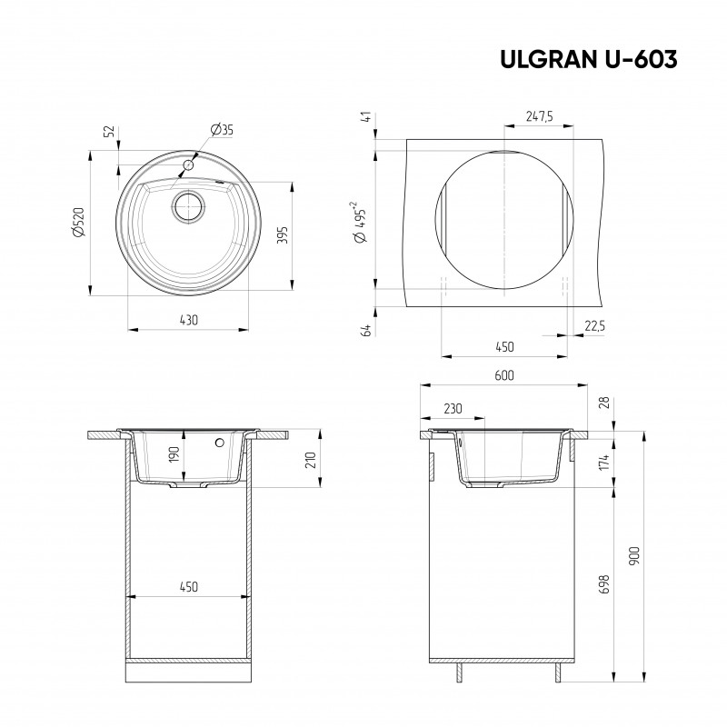 Кухонная мойка 52см бежевая ULGRAN Classic U-603-328