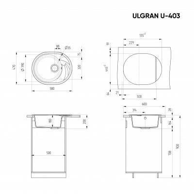 Кухонная мойка с крылом 58х47см ультра черная ULGRAN Classic U-403-344