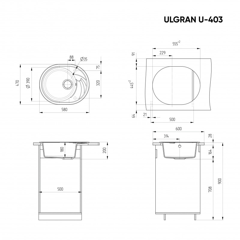 Кухонная мойка с крылом 58х47см графит ULGRAN Classic U-403-342