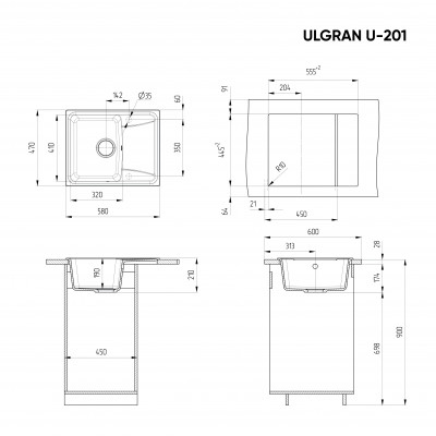 Кухонная мойка с крылом 58х47см бежевая ULGRAN Classic U-201-328