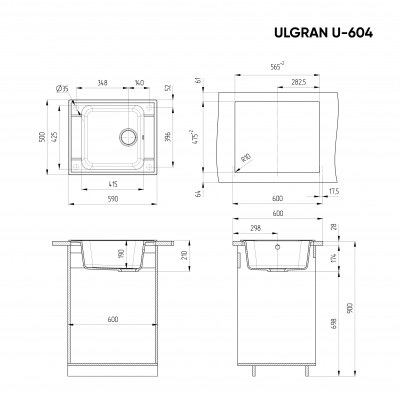 Кухонная мойка 59х50см темно-серая ULGRAN Classic U-604-309