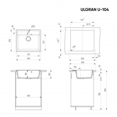 Кухонная мойка 56х50см белая ULGRAN Classic U-104-331