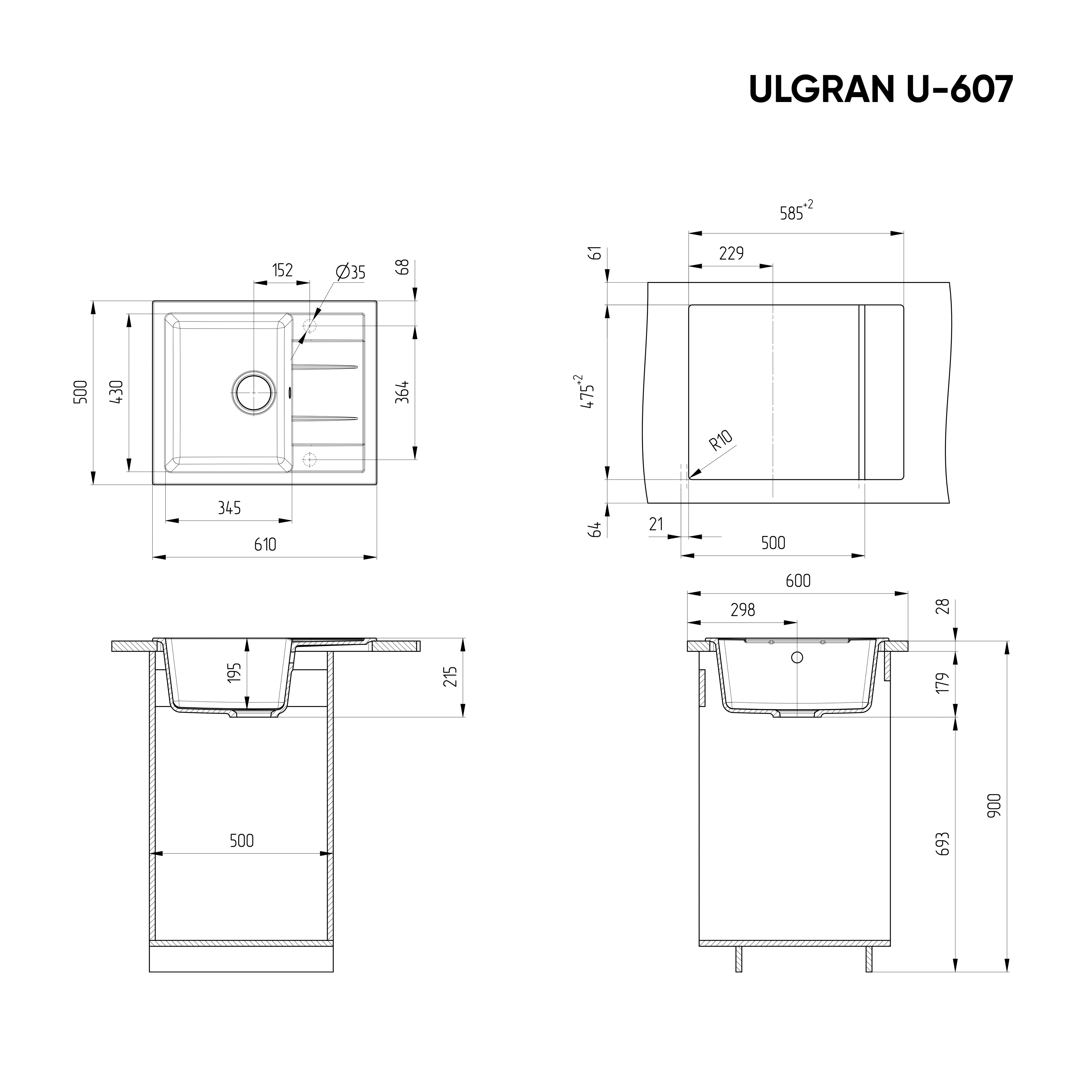 Кухонная мойка с крылом 61х50см бежевая ULGRAN Classic U-607-328