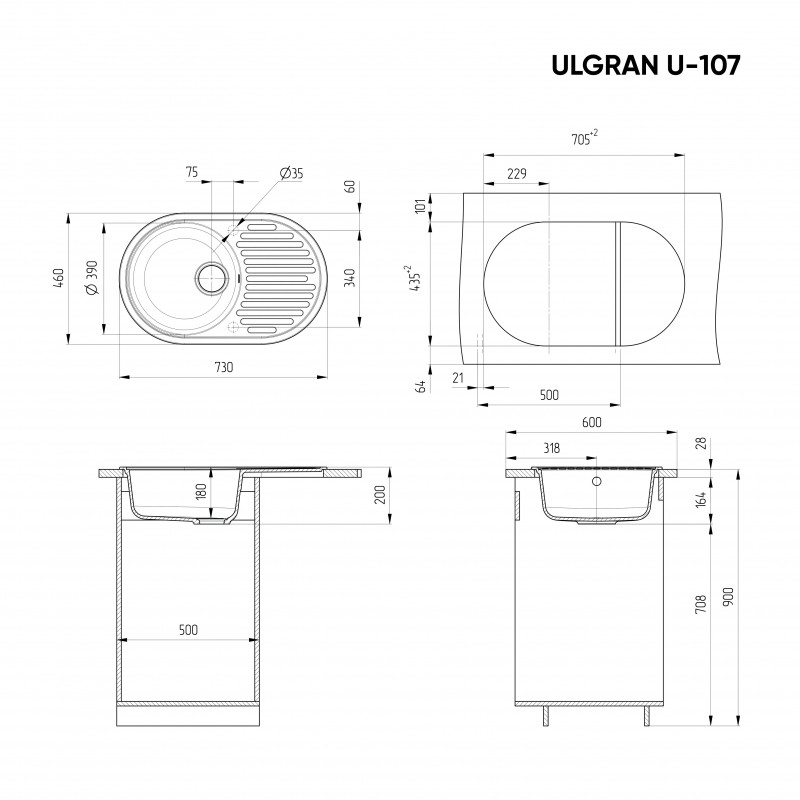 Кухонная мойка с крылом 73х46см песочная ULGRAN Classic U-107-302