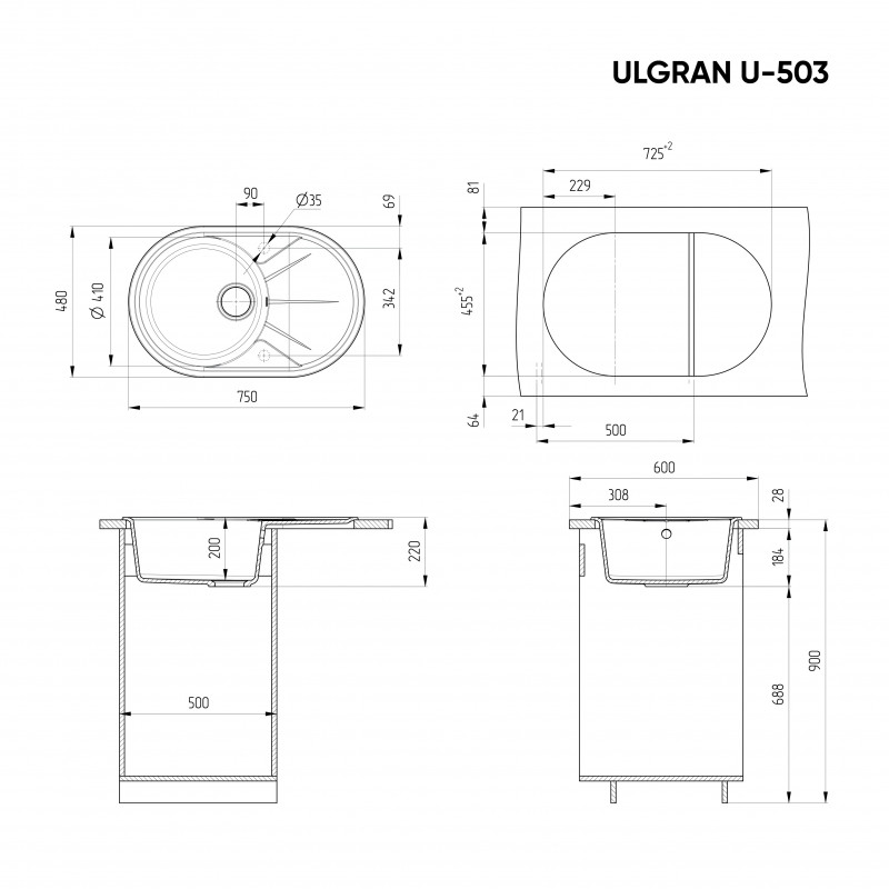 Кухонная мойка с крылом 75х48см темно-серая ULGRAN Classic U-503-309