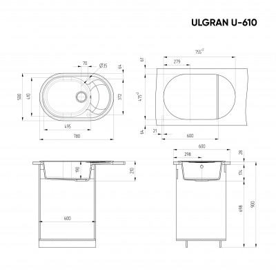 Кухонная мойка с крылом 78х50см бежевая ULGRAN Classic U-610-328
