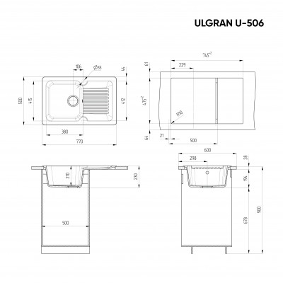 Кухонная мойка с крылом 77х50см черная ULGRAN Classic U-506-308