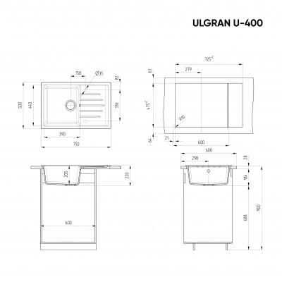 Кухонная мойка с крылом 75х50см ультра белая ULGRAN Classic U-400-341