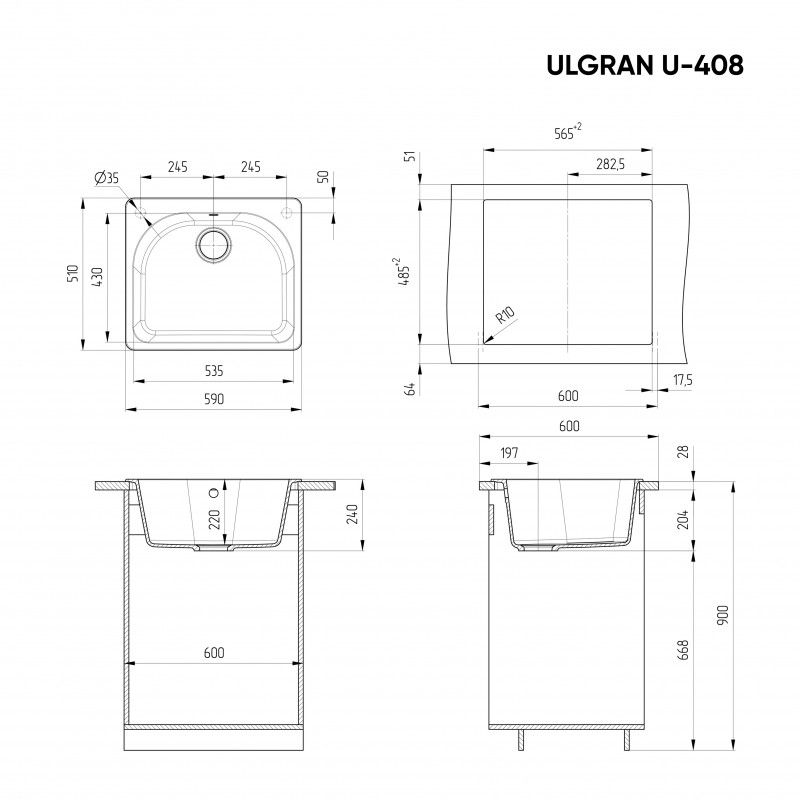 Кухонная мойка с крылом 59х51см шоколад ULGRAN Classic U-408-345