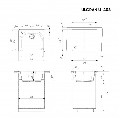 Кухонная мойка с крылом 59х51см песочная ULGRAN Classic U-408-302