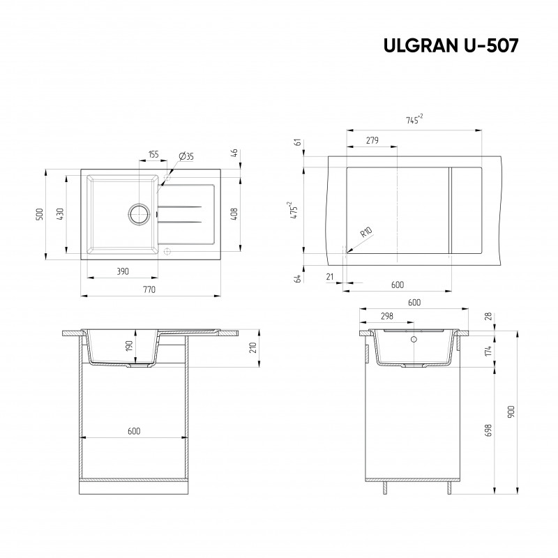 Кухонная мойка с крылом 77х50см песочная ULGRAN Classic U-507-302