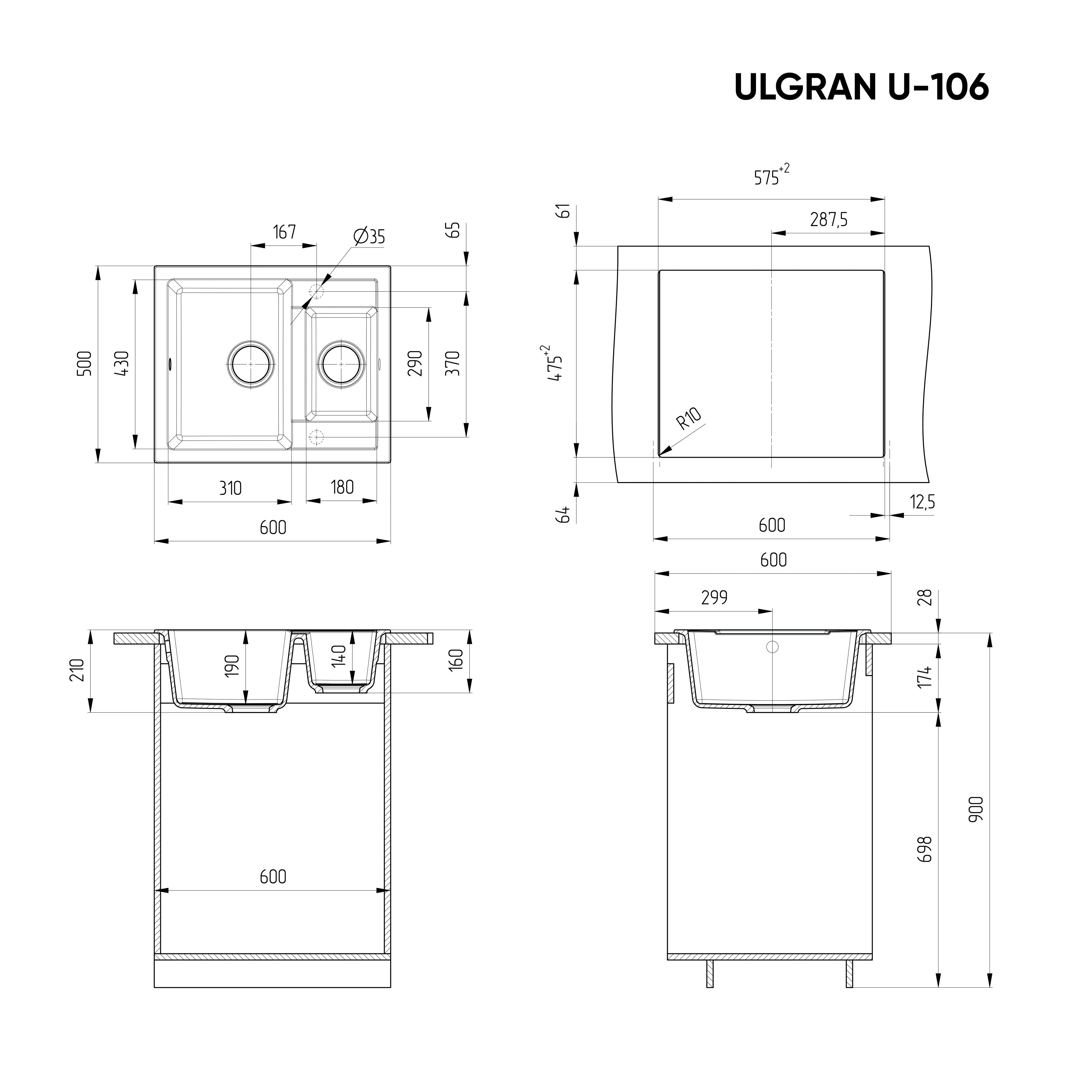Кухонная мойка двухсекционная 60х50см белая ULGRAN Classic U-106-331