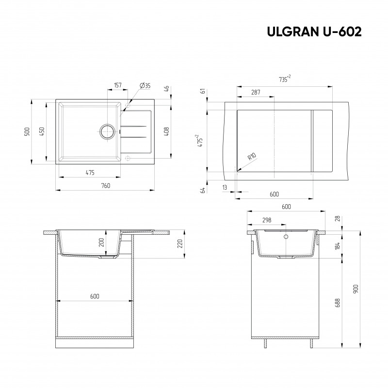 Кухонная мойка с крылом 76х50см песочная ULGRAN Classic U-602-302