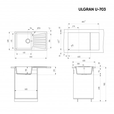 Кухонная мойка с крылом 83х48см бежевая ULGRAN Classic U-703-328
