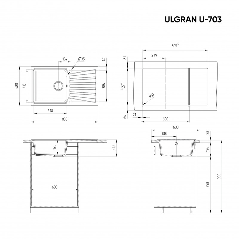 Кухонная мойка с крылом 83х48см белая ULGRAN Classic U-703-331