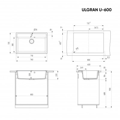 Кухонная мойка 76х51см ультра белая ULGRAN Classic U-600-341